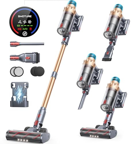 SMOTURE Cordless Vacuum Cleaner 50KPa 600W 65 Mins, 3-in-1 Stick Vacuum with Touch Screen, Anti-Tangle, Self-Standing, Wall Mount, Lightweight for Hardwood Carpet Pet Hair, VAC01