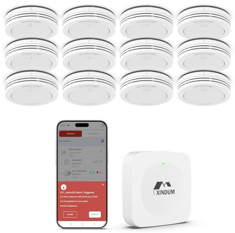 Détecteur de fumée connecté avec Station de Base, Alarme Incendie 10 Ans, Conforme à la Norme EN14604, avec Batterie remplaçable, Compatible avec l'application XINDUM, 12 unités