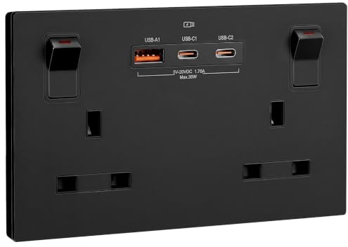 SURAIELEC Black Double Socket with USB C, 2 Gang 13A Switched Plug Socket, 35W PD Fast Charge (2 USB-C + 1 USB-A), Child Safe, Matt Black, Fits 25mm Back Box