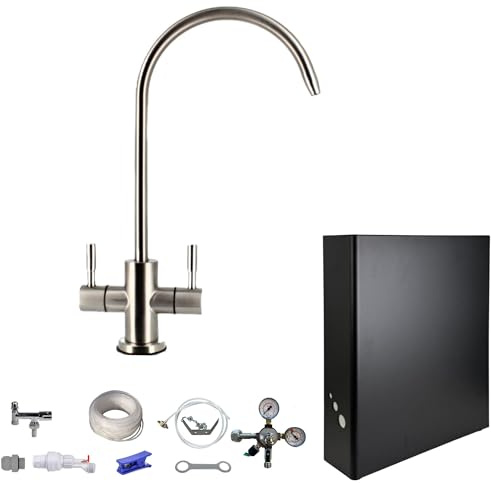 Tafelwassergerät Wassersprudler Sprudelwasseranlage ohne Kühlung BieTal® BT-W01 mit Wasserhahn 2-leitig C-Auslauf als Komplettset mit Aktivkohle Carbon Block Wasserfilter inkl. 2kg CO2 Flasche