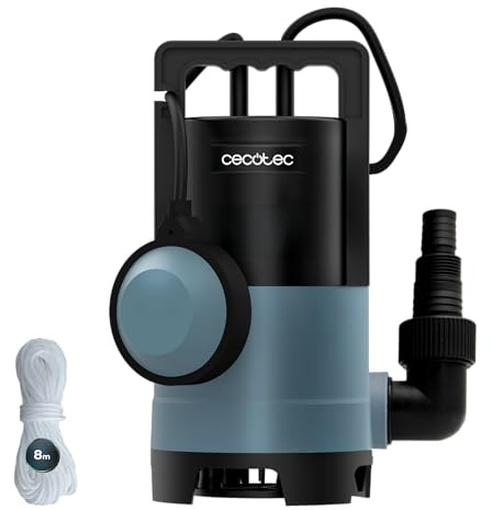 Cecotec Schmutzwasserpumpe Axike 400 Dark, 400 W, bis 8000 l/h, Förderhöhe 5,5 m, Tauchtiefe 7 m, 25 mm Partikel, 1/1-1/4 Anschluss, Automatik-Schwimmer, IPX8 bis 35 °C, 10 m Kabel, 8 m Nylonseil