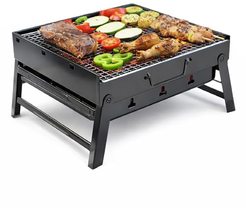 TIENDA EURASIA – Barbacoa de Carbón Plegable Portátil | Parrilla BBQ de Hierro Negro | Compacta y Fácil de Transportar | 35x27x20 cm | Ideal para Camping, Jardín, Terraza y Picnic