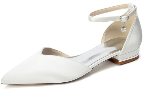 TNMIUH Chaussures de Mariage Plates en Ivoire Satin pour Femme, Bout Pointu avec Bride Cheville et Boucle en Cristal, Escarpins de Mariée Confortables pour Soirée,Ivoire,42 EU