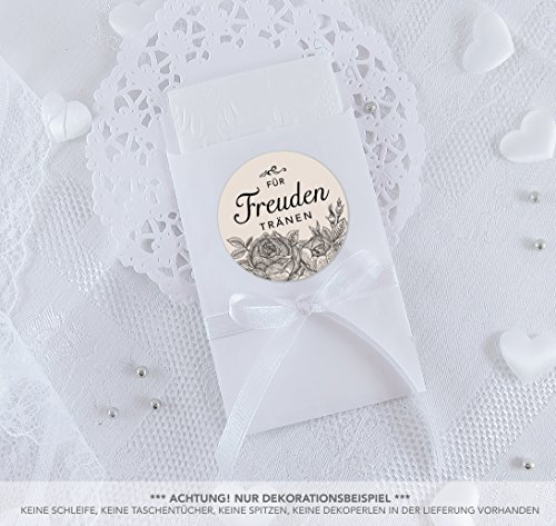 Freuden Tränen Taschentücher Set zur Hochzeit Klein 24 Sticker + 24 weiße Flachbeutel - 63 x 93 mm für Freudentränen Taschentuch Verpackungen Aufkleber in SCHWARZ CREME mit Rosen