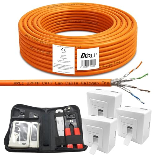 ARLI CAT 7 50m Verlegekabel Netzwerkkabel CAT.7 + 3x Netzwerkdose Cat6a + 1x Werkzeugset Crimpzange Abisoliermesser Tester Werkzeug Set 4 in 1 Netzwerkinstallation Telefoninstallation Dose