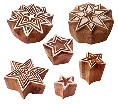 Fabric Print Stamps Designer Star Round Shape Wooden Blocks (Set of 6) Htag1975