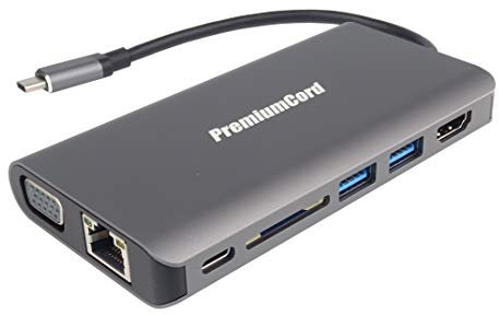 PremiumCord Adaptador USB 3.1 Tipo C a HDMI + VGA + RJ45 + 2 x USB 3.0 + Tarjeta SD + 3,5 mm + Carga de PD