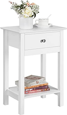 Yaheetech Mesita de Noche con Cajón Blanco Brillo Leve Mesa Auxiliar de Madera Lacada para Dormitorio 40x30x61cm de Estilo Moderna y Minimalista