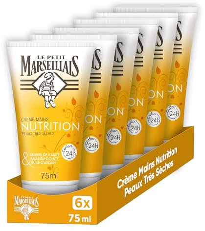 Le Petit Marseillais | Crème Mains Nutrition Peaux Très Sèches (lot de 6 tubes de 75 ml) – Crème pour les mains au beurre de karité, amande douce & huile d'argan – Soin des mains pour 24h de confort