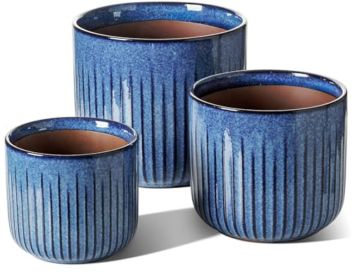 LE TAUCI 3er Set Blumentopf Keramik, 21+17+14 cm Durchmesser Ubertopf für Zimmerpflanzen, Plfanztopf mit Drainagelöchern, Mittelgroßer Zylinder Blumentopf, Reaktive Glasur Ozeanblau