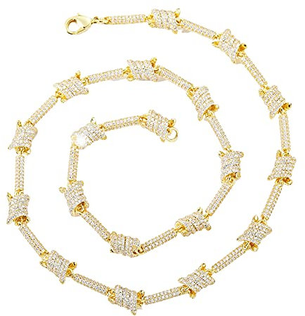 Fantex 14K Iced Out Cyberpunk Stacheldraht Kette Halskette, Voller Glänzender CZ Lab Diamant Stilvoller Hip Hop Schmuck für Männer Frauen (Gold, 18)