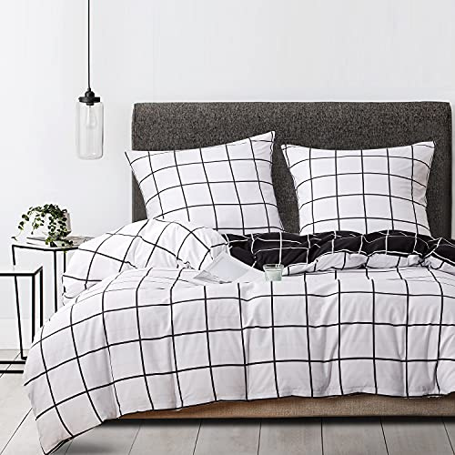Parure de lit 140x190 Blanc Noir Motif à carreaux Adulte Sets de Housse de Couette 2 Pièces Ensemble Literie Modern Géométrique Linge de Lit avec Fermeture éclair et 1x 65x65cm Taie d'oreiller
