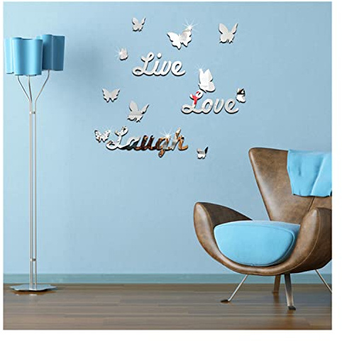 Adesivo da parete con scritta Live Love Laugh, motivo motivazionale, specchio in acrilico, decorazione da parete con farfalla