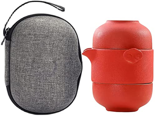 TAMUME Service à Thé de Voyage, Théière et Tasses à Thé en Porcelaine Pour 2 Personnes, avec Pochette de Voyage (Rouge)