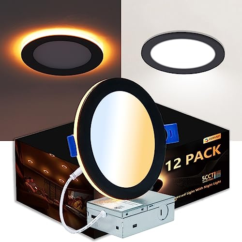 CycevSun 12 Pack Black Recessed Lights 6 Inch with Night Light, Canless Ultra Thin Wafer Downlight Indoor Outdoor Exterior Soffit, Dimmable & 5 Color Selectable, 12W, ETL Listed