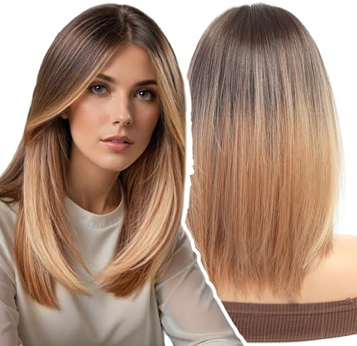WOKESTAR Bob Perücke mit Fransen Kurze Ombre Champagne Blonde Farbe Perücken für Frauen, Bob Style Synthetische Hitzebeständige Bob Perücken
