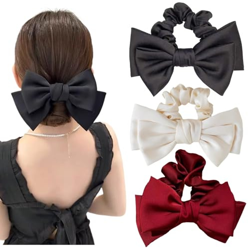 Ypkia 3 Stück Haargummi mit Schleife Satin Seide Bowknot Haarschleife Damen Pferdeschwanz Halter Gummibänder Für Frauen und Mädchen Dutt (Schwarz, Rot, Beige)