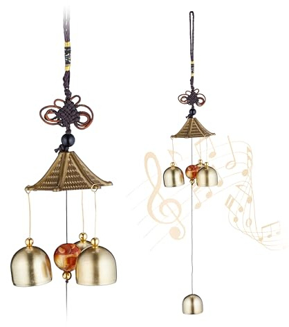 Relaxdays Windspiel 2er Set, Metall Glockenspiel, draußen & drinnen, Garten Klangspiel, hängend, Feng Shui, Gold/schwarz | draußen & drinnen, Garten Klangspiel, hängend, Feng Shui