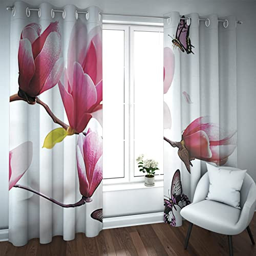 HOBBOY Lila Magnolie & Schmetterling Verdunkelungsvorhänge Schlafzimmer Wohnzimmer Frühling Blumen & Tiere Fenster Vorhänge Schallschutzvorhänge 2 Paneele 2xW132xL245cm