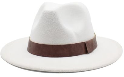 Fengyan Hats Lederhut mit britischem Stil aus Wolle, Jazz-Oberhut, große Krempe, modischer Hut mit flacher Krempe, weiß, 6 7/8-7 1/8