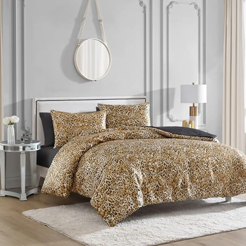 Juicy Couture Full/Queen Leopard Satin Comforter Set - Cheetah Print 3-Piece Machine Washable Reversible Animal Print Bedding Comforter and Sham Set