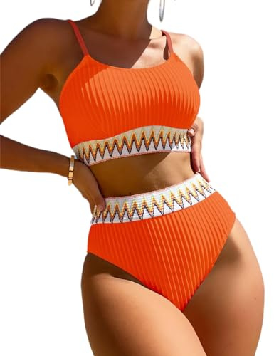 Enwokran Dam Baddräkt Hög Midja Push Up Sport Bikini Halter Badkläder Tvådelad Vadderad Utskärning Med Justerbar Rem, Apelsin, XL