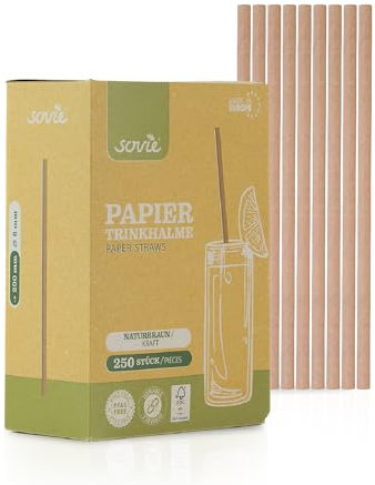 Sovie Strohhalme Papier Naturbraun - Trinkhalme Plastikfrei - FSC-zertifiziert, Made in Europe, Biologisch Abbaubar - Ø6 mm - 20cm Länge - 250 Stück