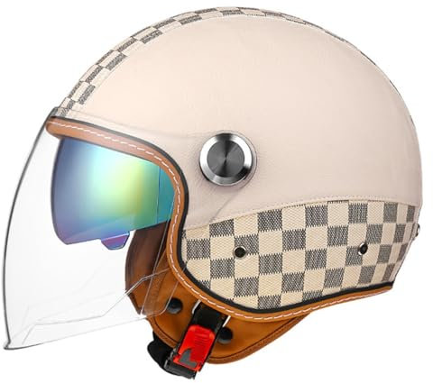 Mezzo Casco Moto Vintage Pelle Caschi Cromwell Casco A Faccia Aperta Omologato ECE Estivo Caschi Jet E Demi-Jet Donna Uomo Adulto Con Doppia Visiera Portatile Casco Scodella 4,M:57-58CM