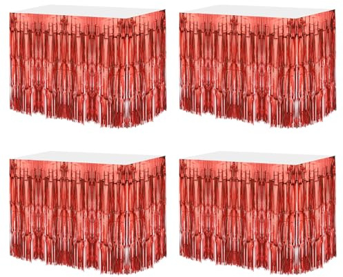 QUARKZMAN 4 Stück 29x108 Zoll Rote Metallische Lametta-Tischröcke für Rechteckige Tische Lametta-Hintergrundvorhang für Hochzeits- und Geburtstagsfeierdekoration