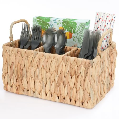 Niuirt Wicker Party Silverware Caddy, Water Hyacinth Plastic Cutlery Utensil Holder, Hand Woven with Handles, Kitchen Countertop and Picnic flatware Organizer (4 compartments)