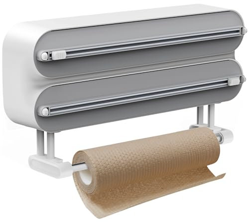 Dispensador de película con cúter 3 en 1, dispensador universal para películas y portarrollos de cocina, dispensador de película transparente para la cocina