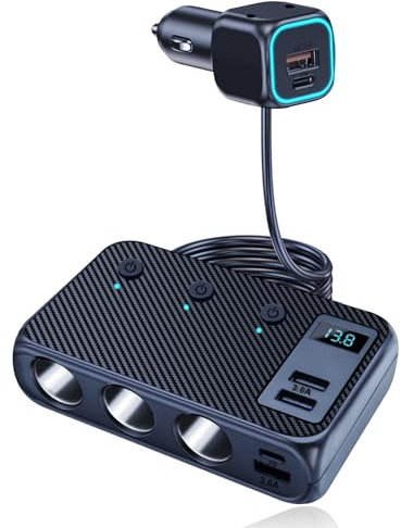 Zigarettenanzünder Verteiler 171W, 9 IN 1 12v verteiler, Auto KFZ Ladegerät Adapter 3 Fach 12V/24V Stecker Ladekabel Splitter mit Separatem Schalter, Schnellladegerät 3 Steckdosen 4 USB Anschlüsse