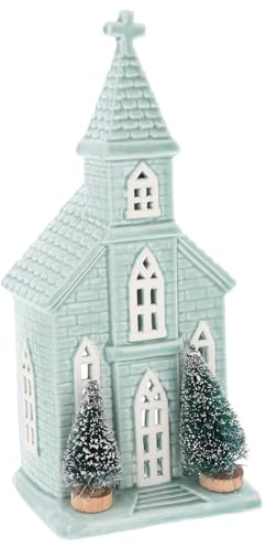 Shudehill Giftware Festive Sage Blue Green Tealight Holder Church With Christmas Tree Decoration - Medium or Large Sizes (Large)