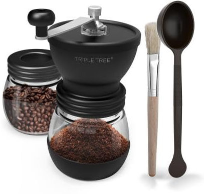 Manual Coffee Grinder with Ceramic Burrs and Lengthen Stainless Steel Handle, Hand Coffee Mill with 2 Glass Jars(11oz each), Brush and Tablespoon Scoop, Coffee Bean Grinder for Home, Camping, Black