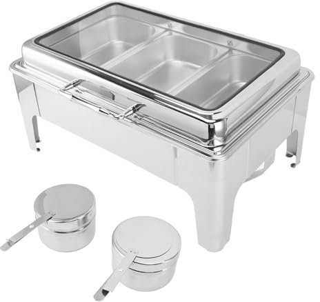 Roll Top Chafing Dish Buffet Set Restaurant Food Warmer Rectangular Buffet Stove With 2 Half Size Food Pans And Folding Frame For Wedding Parties (3 Compartments)