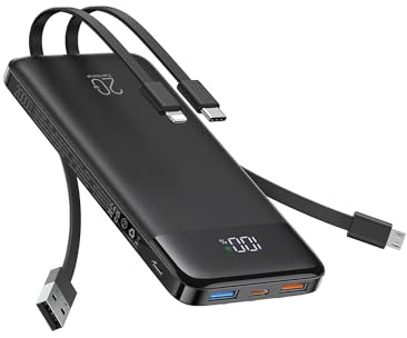 Charmast Power Bank, 22.5W Built-in 4 Cables Fast Charing Portable Charger, 20000mAh Battery Pack with 6 Outputs 4 Inputs, USB-C Powerbank for iPhone 16/15/14 Series, AirPods, Android Phones (Dark)