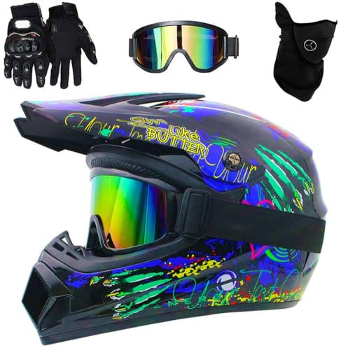 Motocross-Helm, Youth Kid DOT Integralhelm für Offroad-Sportmotorräder, Unisex-Downhill-MTB-ATV-Dirtbike-Helm, mit Schutzbrille, Maske und Handschuhen(Style 1,S(52-53cm))