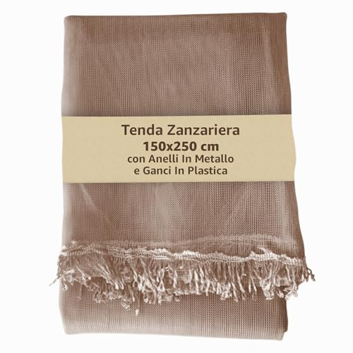SONIT - Zanzariera Finestra 150x250 Tortora - Zanzariera Porta Finestra con Gancetti e Anelli - Rete Antizanzare Per Finestre Facile Installazione con Frange