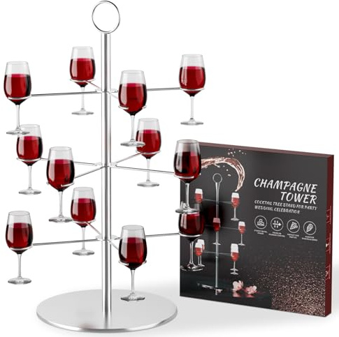 MOCOBO Soporte de torre de champán de 3 niveles para 12 copas - Estante de metal plateado para árbol de cóctel, soporte de exhibición de copas de vino para fiestas, bodas, bares, bebidas Martini y