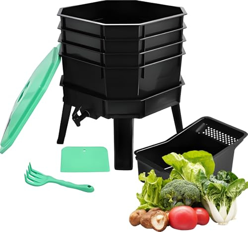 Generisch Kit per compostiera da 4 strati, contenitore per compost da giardino con 4 vassoi rimovibili, ventilazione in rete e design della valvola di basamento, per giardino, cortile, balcone