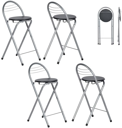 GOKHOMX Set di 4 sgabelli pieghevoli con schienale, sgabello pieghevole, per esterni, da giardino, pieghevole, per giardino, balcone, cucina, bar, altezza della seduta: 61 cm (nero e argento)