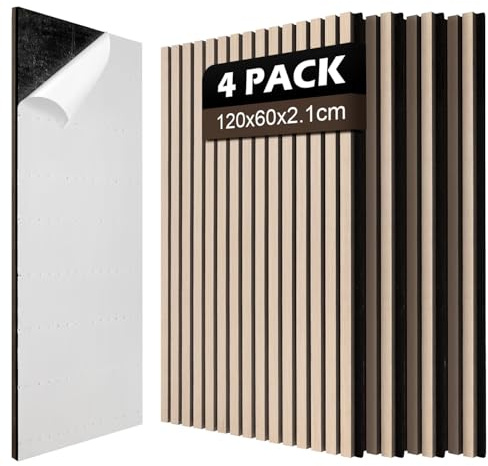 Jaxguom 4x Akustikpaneele Holz 120x60cm (2.88m²) Selbstklebend 3D Wandpaneele in Holzoptik für Schallschutz & Dekoration,Holzpaneele für Wohnzimmer,Büros,Studios,Zur Wandmontage,Eiche