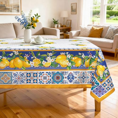 Arquiel Polyester Tischdecke mit Mittelmeer Zitrone, Waschbar, 152 x 304 cm | Wiederverwendbare, Waschbare Polyester Tischdecke mit Zitrone Blättermuster, wasserabweisend für Sommerdeko