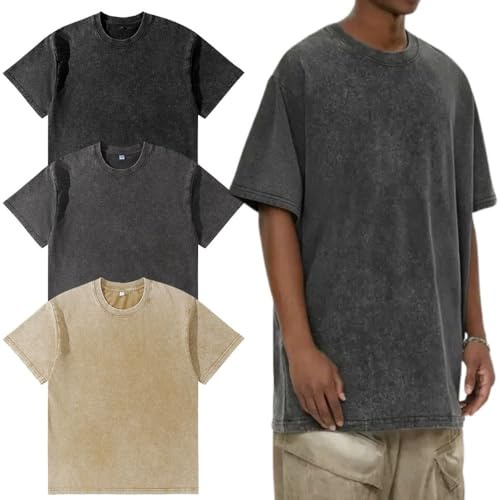 Men’s Oversized T-Shirt,Pack of 3, Men's Basic Cotton T-Shirt Summer，Retro Washed Top, Unisex Fashion, Hip Hop Vintage Casual Tee Shirts Black Gray Khaki S