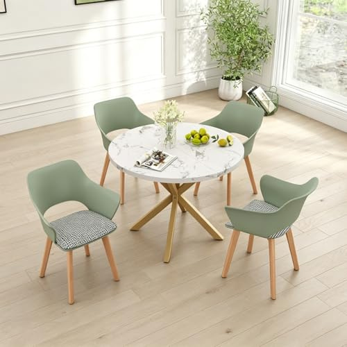 GrandCA HOME Juego de Mesa y Sillas de Comedor Nórdicas, 100×100×76.5 CM Mesa de Comedor Redonda, 4 Sillas de Cocina Tapizadas, para Comedor, Salón, Cocina (Mármol Blanco-GD + Verde)