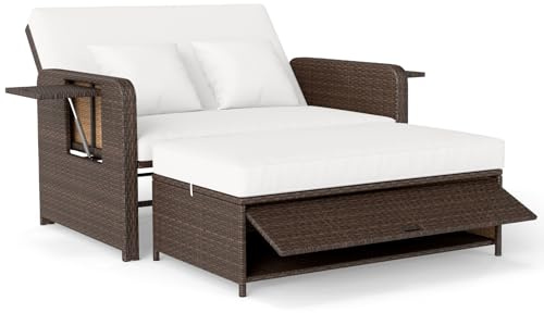 LIFEZEAL Tumbona doble con función reclinable, tumbona de ratán con respaldo ajustable, sofá de jardín de 2 plazas con mesa lateral y otomana, hasta 360 kg (marrón y blanco)