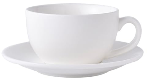 VINTORKY Large Tea Cup and Saucer Set in White Ceramic, Designed with A Flat Base and Simple Style, for Holding Tea Or Water, for Hotel and Restaurant Use