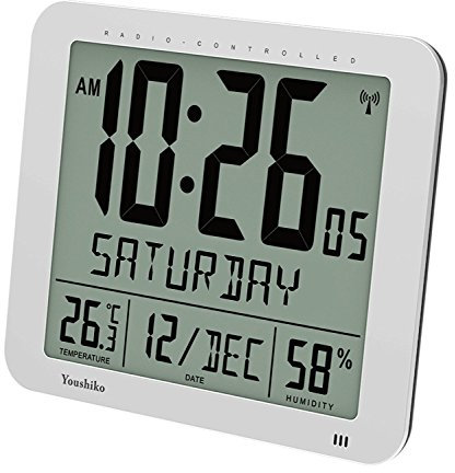 Youshiko Jumbo Large Radio Controlled Wall Clock (UK & Ireland Version/Premium Quality/Clear Display), Large 3.27 inches Time digits, Temperature/Humidity display (Silver)