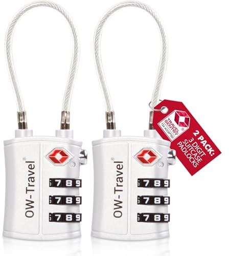 OW-Travel TSA-godkänd Kabellås (Silver 2-pack) 3-siffrig kod TSA Lås Godkänd Säkerhet Ryggsäck Hänglås Resväska, Lås, Kombinationslås med Kabel resväska lås, Gymskåp, Hänglås
