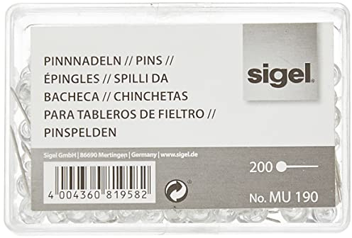 SIGEL MU190 Pinnnadeln, Kunststoffkopf, transparent, 200 Stück, mit großem transparenten Kunststoffkopf (Ø 6 mm) und fester Stahlspitze, insgesamt 2,1 cm lang;pinnadeln